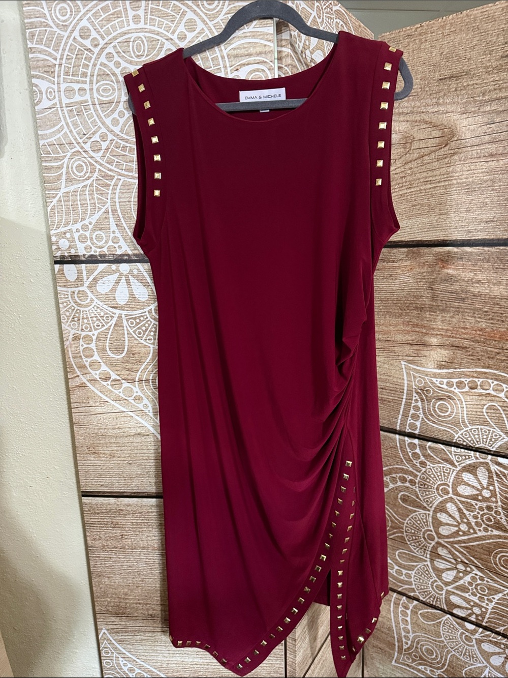 Emma & Michele Wine Red Sleeveless Midi Dress with Gold Studs
